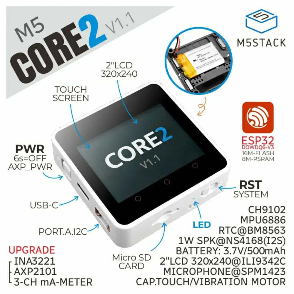 M5Stack Core2 V1.1 ESP32 IoT Development Kit w/ Capacitive Touch Screen