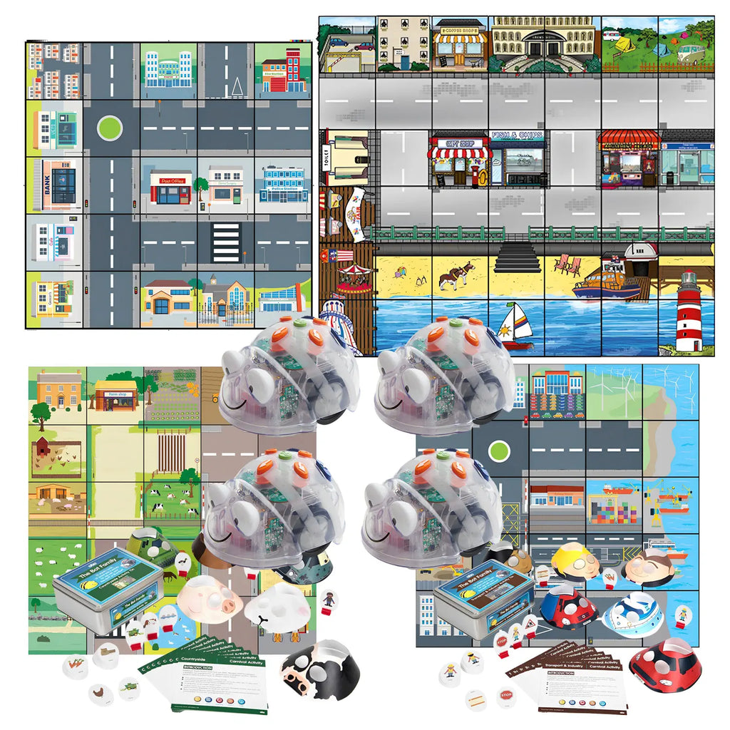 Blue-Bot Programmable Robot World Bundle Set - 4 Coding Robots with 4 Activity Mats &amp; 2 Activity Tins - Interactive STEM Floor Robotics Kit for Kids - Classroom Coding &amp; Learning Set | Age 3+