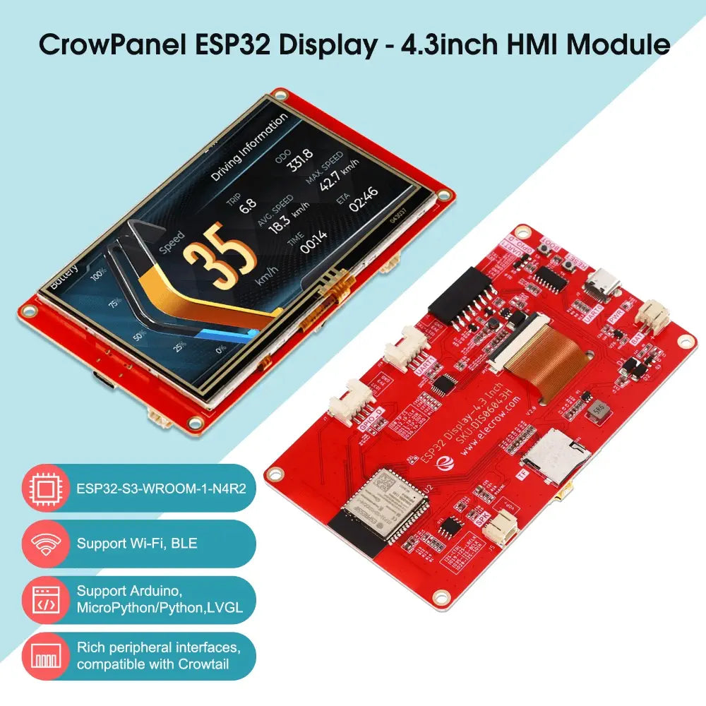 Elecrow CrowPanel 4.3" 480x272 HMI Touch Display w/ Wi-Fi & BLE (2.4 GHz, Bluetooth 5.0)