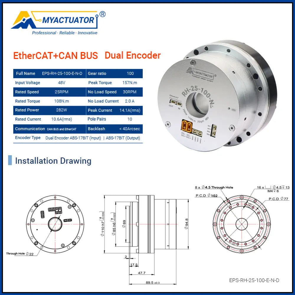 RH-25EtherCAT+CAN BUS Harmonic joint motor Robot joint motor Large hollow design High precision high torque harmonic reducer