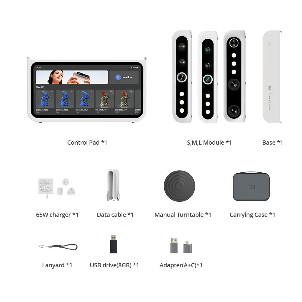 Turtle pad+S+M+L Swappable modules 3D Scanner, Standalone 6.4" 2K touchscreen, scan object 10-2000mm object, 16+256G
