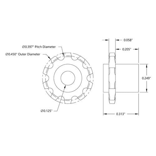 ServoCity 10 Tooth Press Fit Sprocket (0.1227" Pitch, 0.125" Bore)