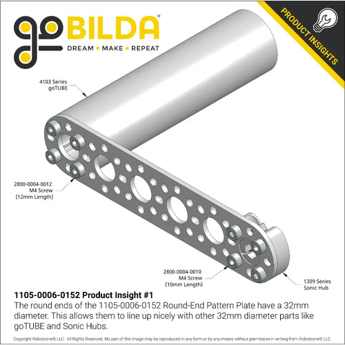 ServoCity 1105 Series Round-End Pattern Plate (6 Hole, 152mm Length)