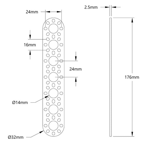 ServoCity 1105 Series Round-End Pattern Plate (7 Hole, 176mm Length)