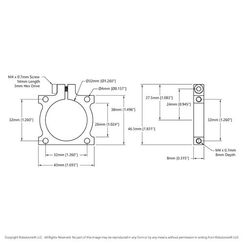 ServoCity 1401 Series 2-Side, 2-Post Clamping Mount (43mm Width, 32mm Bore)