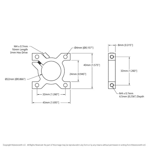 ServoCity 1401 Series 2-Side, 2-Post Clamping Mount (43mm Width, 22mm Bore)