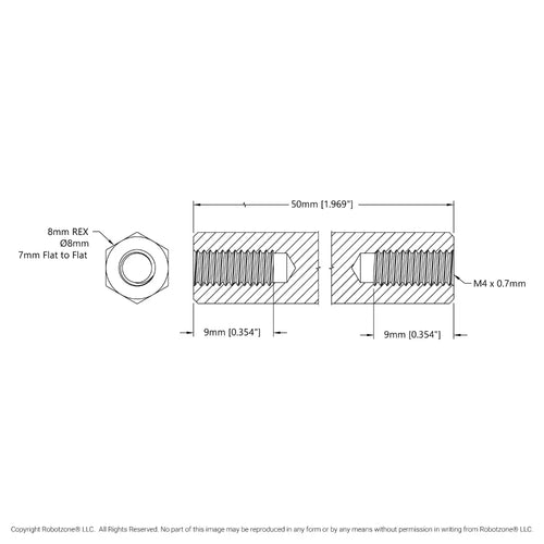ServoCity 1516 Series 8mm REX™ Standoff (M4 x 0.7mm Threads, 50mm Length) - 4 Pack