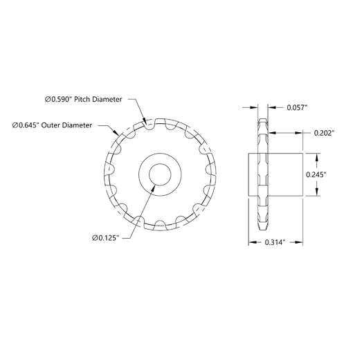 ServoCity 15 Tooth Press Fit Sprocket (0.1227" Pitch, 0.125" Bore)