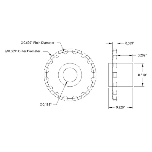 ServoCity 16 Tooth Press Fit Sprocket (0.1227" Pitch, 0.1875" Bore)