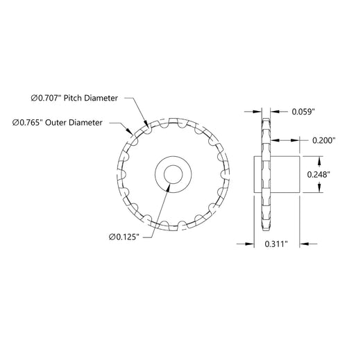 ServoCity 18 Tooth Press Fit Sprocket (0.1227" Pitch, 0.125" Bore)
