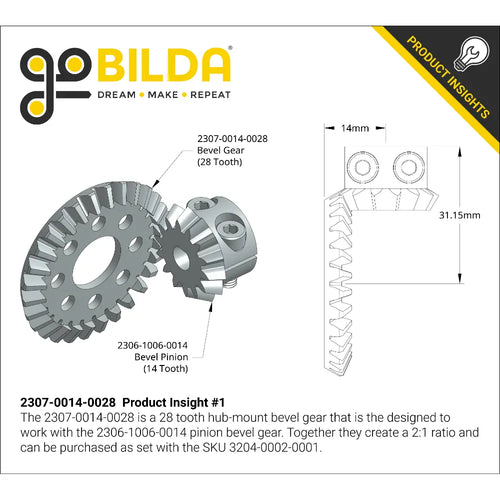 ServoCity 2307 Series Steel, MOD 1.5, Hub Mount Bevel Gear (14mm Bore, 28 Tooth)
