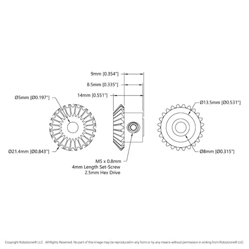 ServoCity 2317 Series MOD 0.8 Steel Miter Gear (Set-Screw, 5mm Round Bore, 24 Tooth)