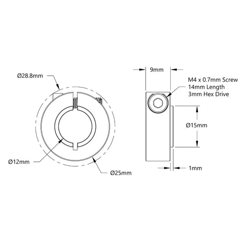 ServoCity 2910 Series Aluminum Clamping Collar (12mm ID x 26mm OD, 9mm Length)