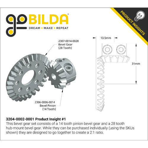 ServoCity 2:1 Ratio Bevel Gear Set (6mm D-Bore Pinion Gear)