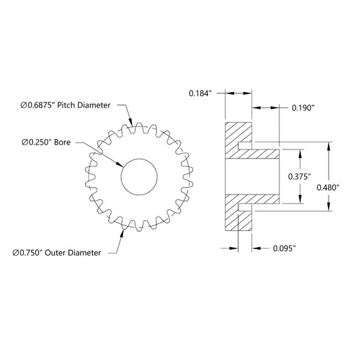 ServoCity 32P, 22T, 0.250" (1/4) Bore, Plain Bore Gear (Delrin)