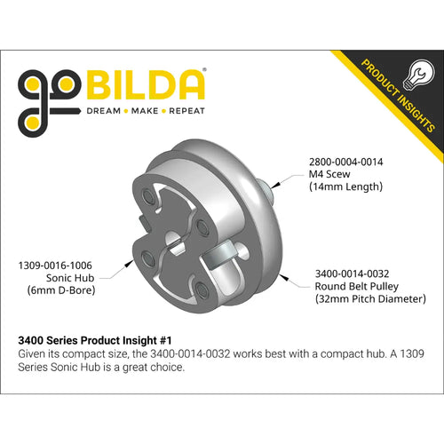 ServoCity 3400 Series Hub Mount Round Belt Pulley (14mm Bore, 32mm PD)
