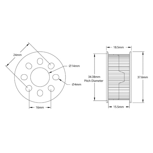 ServoCity 3402 Series 3mm HTD Pitch Plastic Hub Mount Timing Belt Pulley (14mm Bore, 36T)
