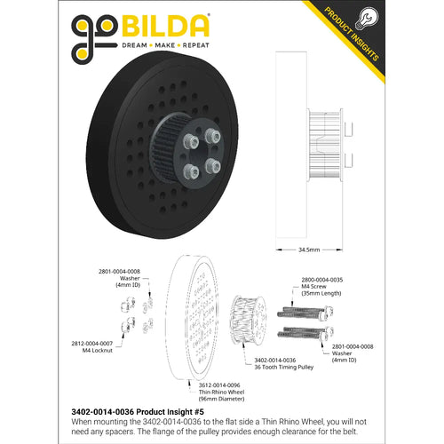ServoCity 3402 Series 3mm HTD Pitch Plastic Hub Mount Timing Belt Pulley (14mm Bore, 36T)