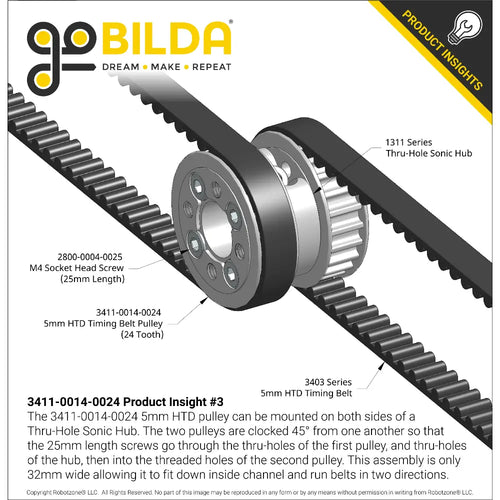 ServoCity 3411 Series 5mm HTD Pitch Aluminum Hub Mount Timing Belt Pulley (14mm Bore, 24T)