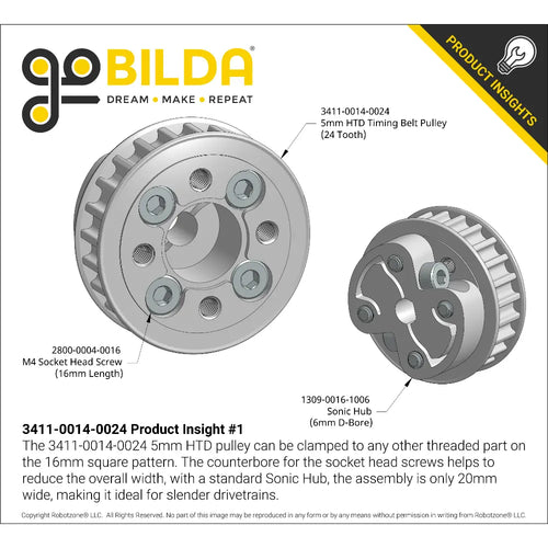 ServoCity 3411 Series 5mm HTD Pitch Aluminum Hub Mount Timing Belt Pulley (14mm Bore, 24T)