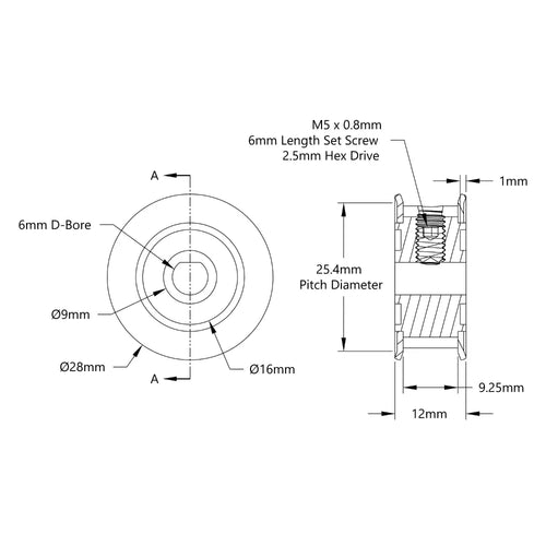 ServoCity 3417 Series 5mm HTD Pitch Set-Screw Pinion Timing Belt Pulley (6mm D-Bore, 16 Tooth)