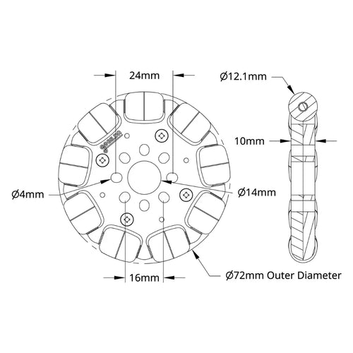 ServoCity 3604 Series Omni Wheel (14mm Bore, 72mm Diameter)