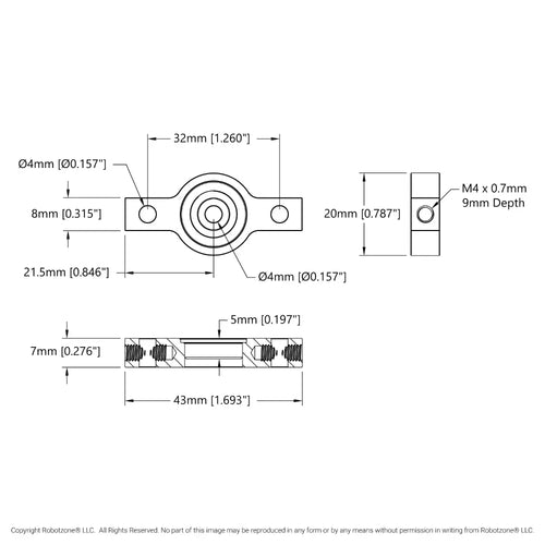 ServoCity 4mm Bore 2-Side, 1-Post Pillow Block (43mm Width)