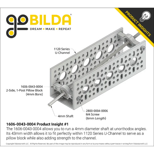ServoCity 4mm Bore 2-Side, 1-Post Pillow Block (43mm Width)