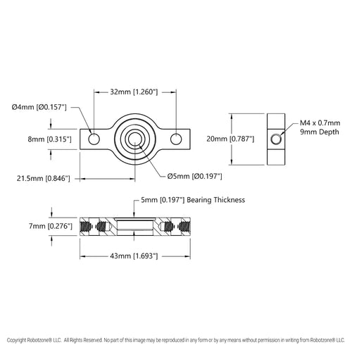 ServoCity 5mm Bore 2-Side, 1-Post Pillow Block (43mm Width)