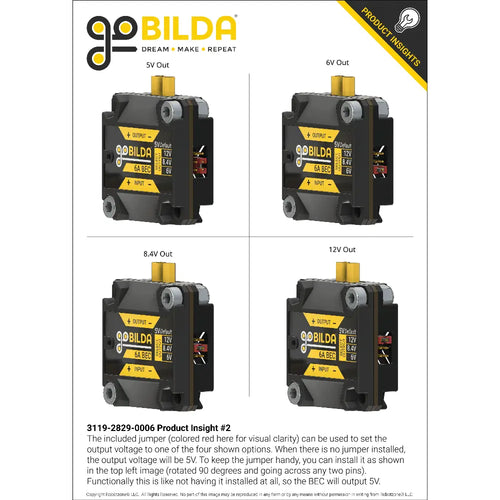 ServoCity 6A BEC / Voltage Regulator (6-24V Input, 5V, 6V, 8.4V, 12V Output, XT30 Connectors)