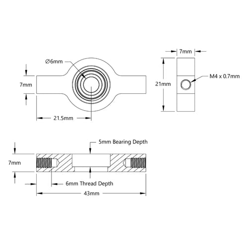 ServoCity 6mm Bore 2-Side, 1-Post Pillow Block (43mm Width)