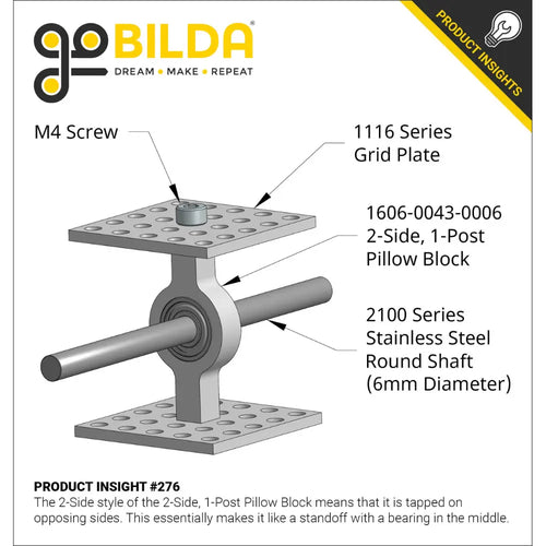 ServoCity 6mm Bore 2-Side, 1-Post Pillow Block (43mm Width)
