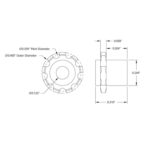 ServoCity 9 Tooth Press Fit Sprocket (0.1227" Pitch, 0.125" Bore)