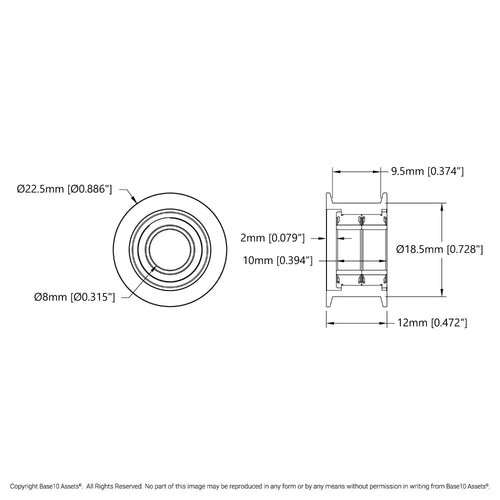 ServoCity Dual-Bearing Timing Belt Idler Pulley (8mm Bore, 18.5mm Diameter, 9.5mm inside Width)