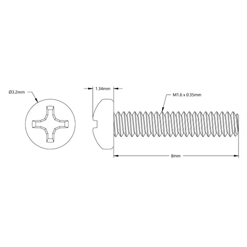 ServoCity M1.6 x 0.35mm Stainless Steel Pan Head Screw (8mm Length) - 6 Pack