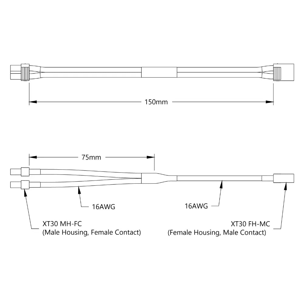 ServoCity XT30 Y-Harness (Single FH-MC XT30 to Dual MH-FC XT30, 150mm Length)