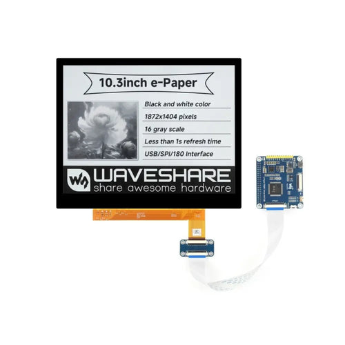 Waveshare 10.3" E-Paper E-Ink Display (G), 1872×1404 Pixels, Black/White, 2-16 Grey Scales