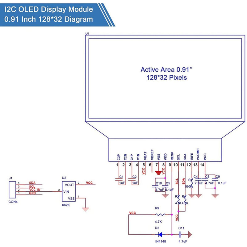 0.91 Inch I2C OLED Display Module Blue I2C OLED Screen Driver DC 3.3~5V (5x)