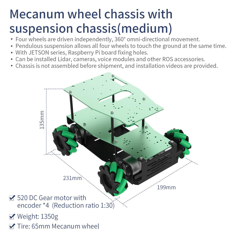 Yahboom Aluminum Alloy ROS Robot Car Chassis - Pendulum Suspension Mecanum Wheel - Medium (EN Manual)