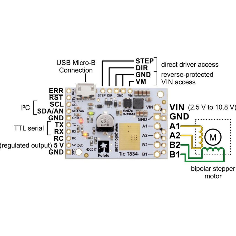 T834 USB Multi-Interface 2.5-10.8V, 1.5A Stepper Motor Controller (Soldered)